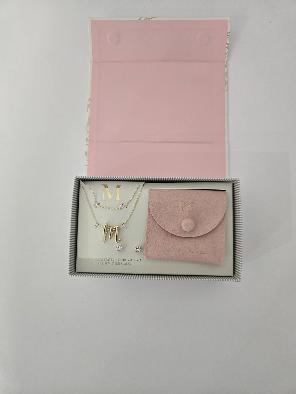 Monogram 'M' Necklace & Stud Earring Set - Pink